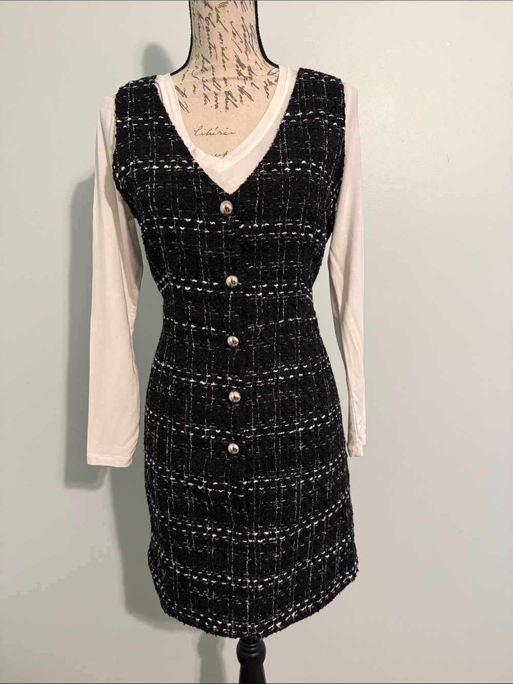 SHEIN Black & White Tweed Button-Front V-Neck Mini Dress
